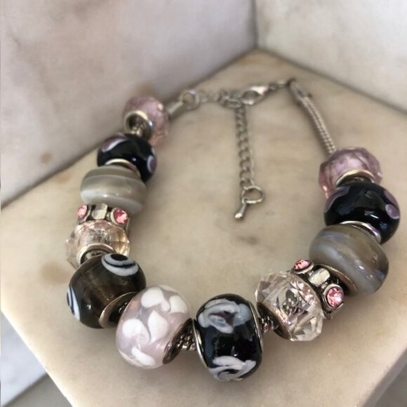 Murano Glass Slider Charm Bracelet Silver Pink Black 11 in long - Picture 4 of 15